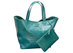 Cape Tribulation Crocodile Print Leather Tote in Teal