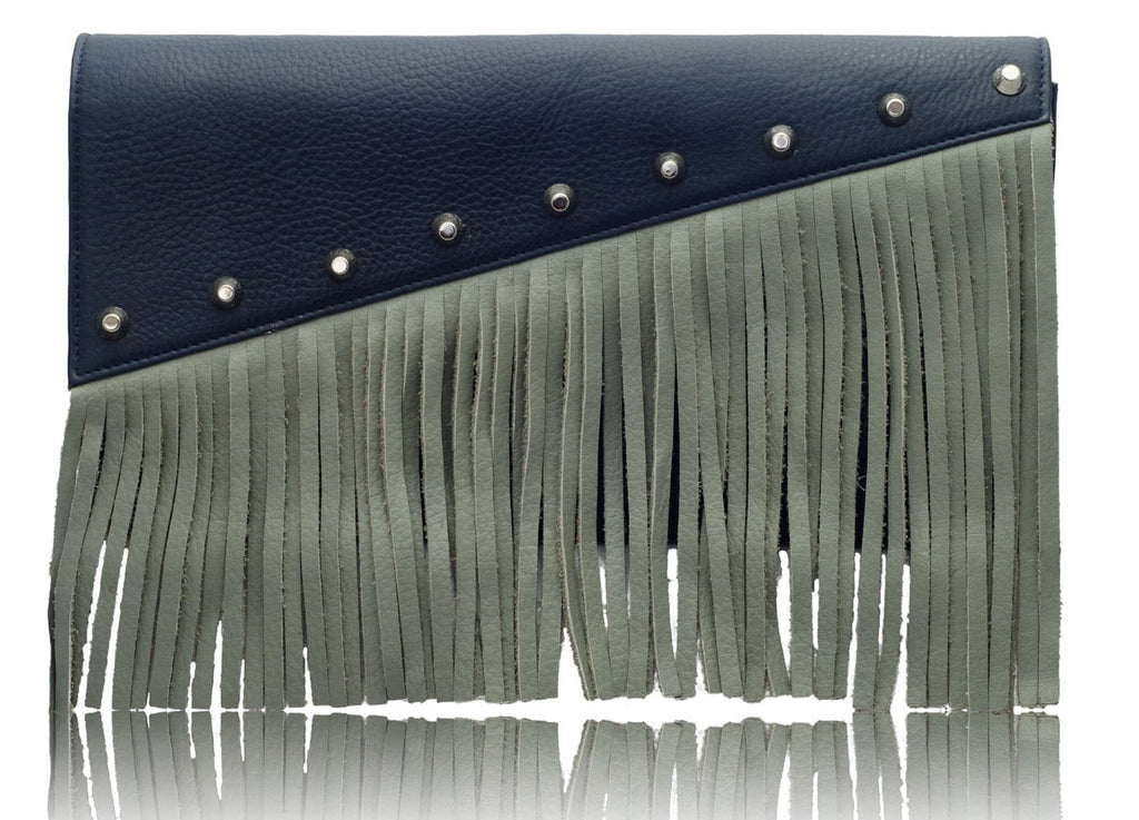 Raglan Fringe Colourblock Clutch in Navy & Gray