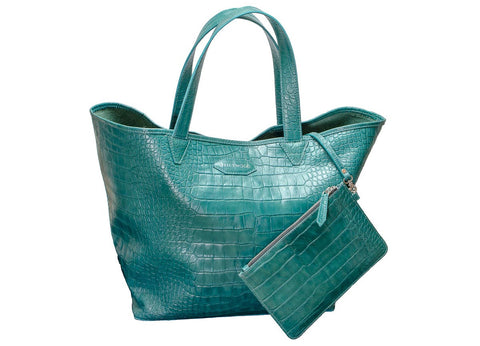 Cape Tribulation Crocodile Print Leather Tote in Teal