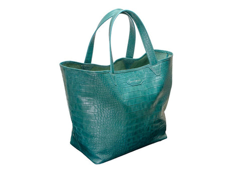 Cape Tribulation Crocodile Print Leather Tote in Teal