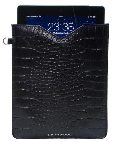 Cairns iPad Sleeve in Crocodile Print Leather- Black