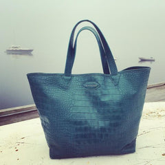 Cape Tribulation Crocodile Print Leather Tote in Teal